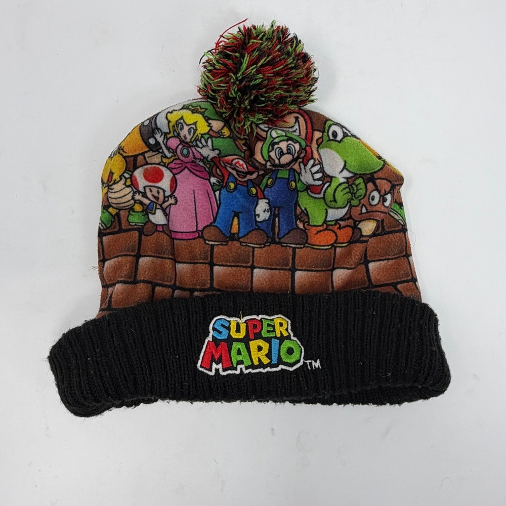 Nintendo Super Mario Bros Character Graphic Pom Beanie Hat Black‎ Knit 2018